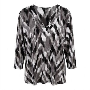 NEW Allison Daley Woman 2X V-Neck Tunic Top Black Gray White Ikat 3/4 Sleeve
